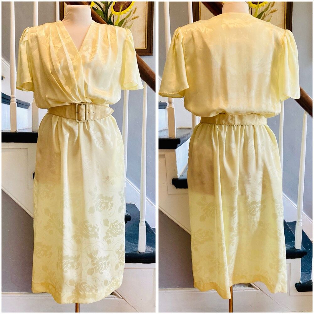 1980s Pale Yellow Faux Wrap Dress Satin Floral 1940s Inspired Flutter Sleeves